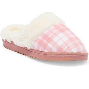 🆕BORN Pink White Gingham Plaid Faux Shearling Fur Scuff Slipper NWT